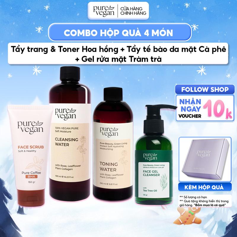 COMBO HỘP QUÀ Nước Tẩy Trang Pure Vegan 480ml & Toner 290ml & Tẩy Tế Bào Chết Mặt 150gr & Sữa Rửa Mặt Tràm Trà 135gr