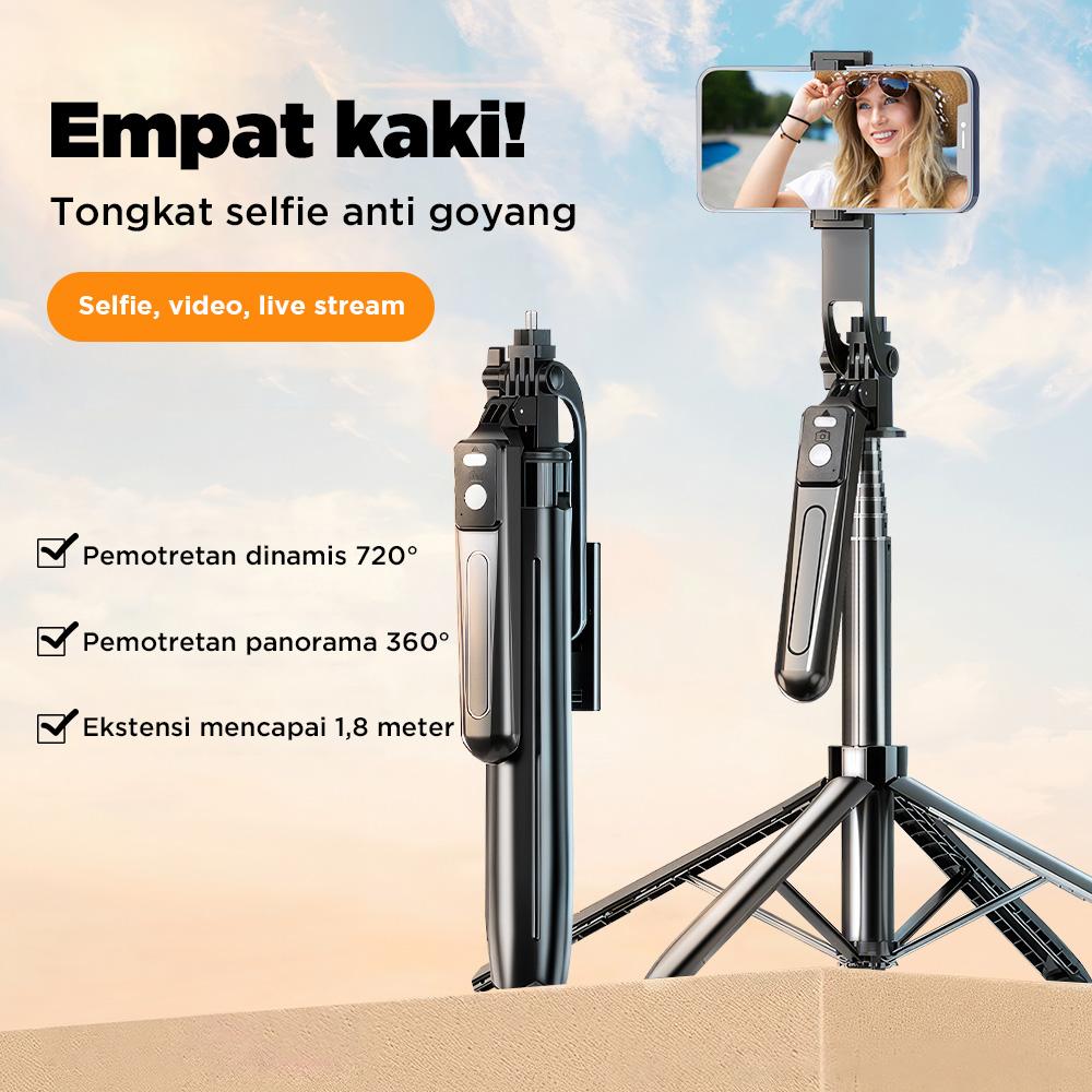 NEXID A17 4in1 Tongsis Tripod Bluetooth 1.8m dengan 4 Kaki Stainless Steel Fill Light & Remote Control 10M Cocok untuk Handphone Kamera S30