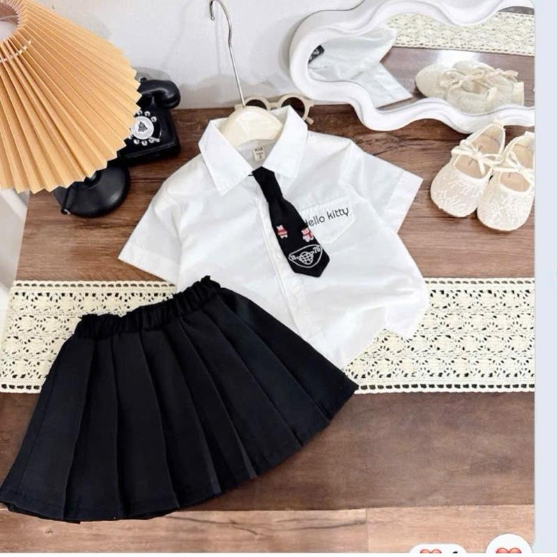 MỘC BABY STORE -S10 Sét Học Sinh Hàn Quốc gồm Chân Váy Xếp Ly Kèm Áo Sơ Mi Cách Điệu Tặng Kèm Cà Vạt Cho Bé Gái Từ 10-30kg #dôbegai #quanaobegai #begaixinh #sethocsinh #setdohocsinhhanquoc