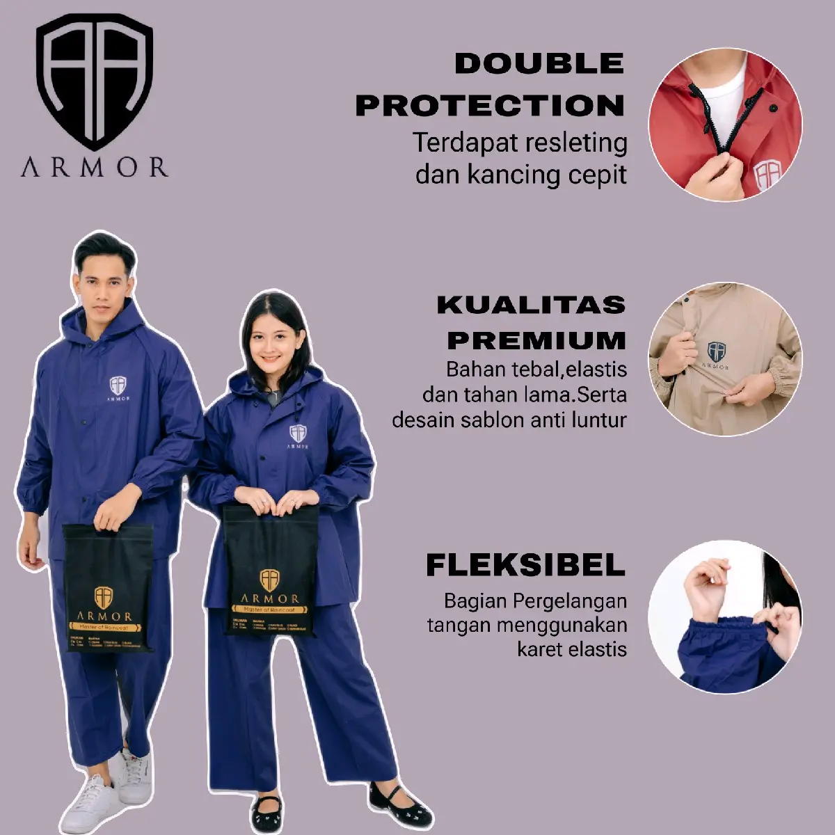 JAS HUJAN SETELAN ANTI REMBES BY ARMOR BAHAN PVC 0,25 TEBAL ELASTIS DAN TAHAN LAMA touring original pria