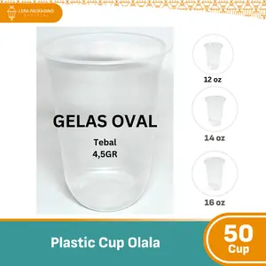 [50pcs] Gelas Plastik OVAL Bening 12, 14 & 16 Oz / Gelas Plastik Kopi / Gelas Plastik Tahan Panas / Gelas Plastik Merk Olala