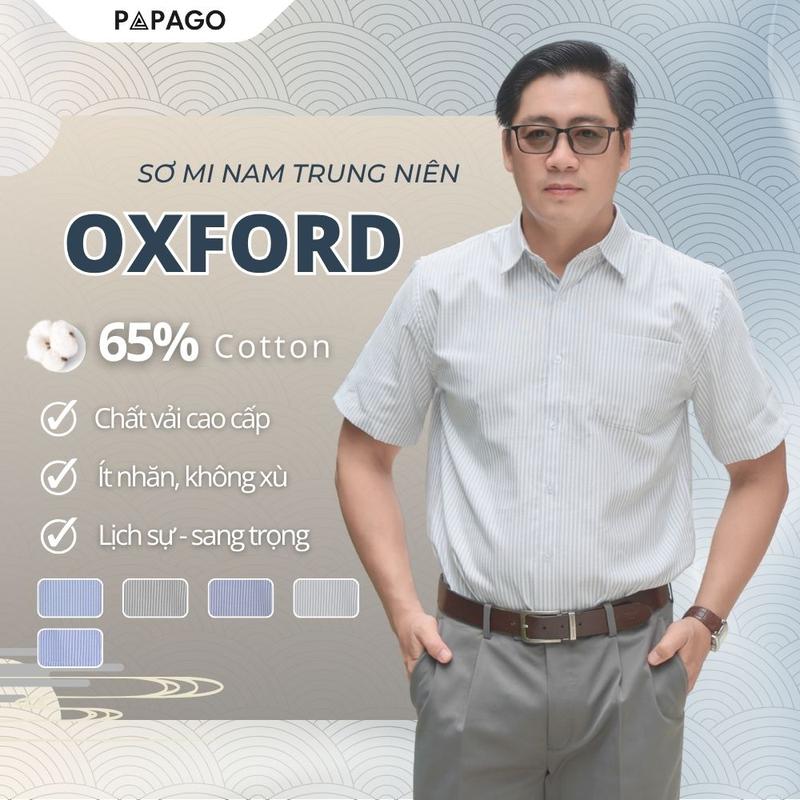 Áo Sơ Mi Nam Trung Niên PAPAGO Tay Ngắn Lai Bầu Kẻ Sọc Chất Vải Oxford - P24SNKD003