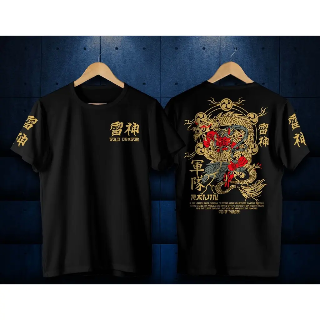 Promo T-Shirt Oblong / Kaos Distro Samurai Jepang / Tokyo /Kaos Naga Gold Kanji / Kaos Dragon Raijin
