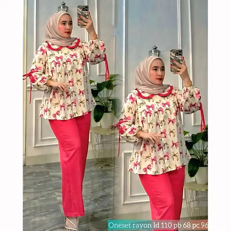 Setelan Elora Plisket Premium // Setelan Rayon Kombinasi Elora Motif Viral / Setelan Wanita 2