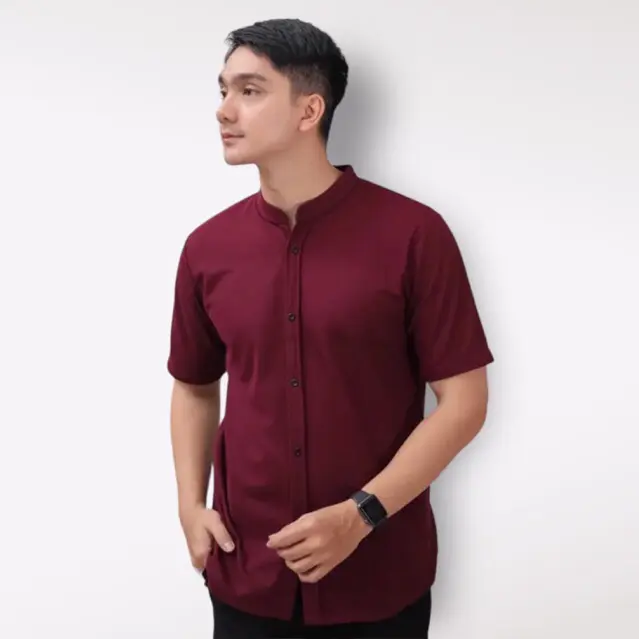 ALJOSA Kemeja Pria Polos Shanghai Maroon Lengan Pendek Kerah Koko Grandad Slimfit 0