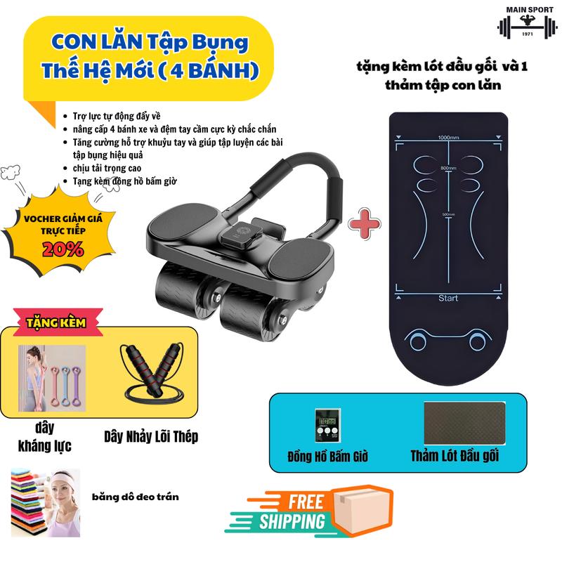 CON LĂN TẬP BỤNG 4 Bánh THẾ HỆ MỚI 2025 - Trợ Lực Tập Bụng - Tập GYM - Eo [ Tặng Kèm Thảm Tập Con Lăn và lót đầu gối + Đồng Hồ Bấm Giờ ] dung cutap bung Tập Cơ Bụng Cao Su