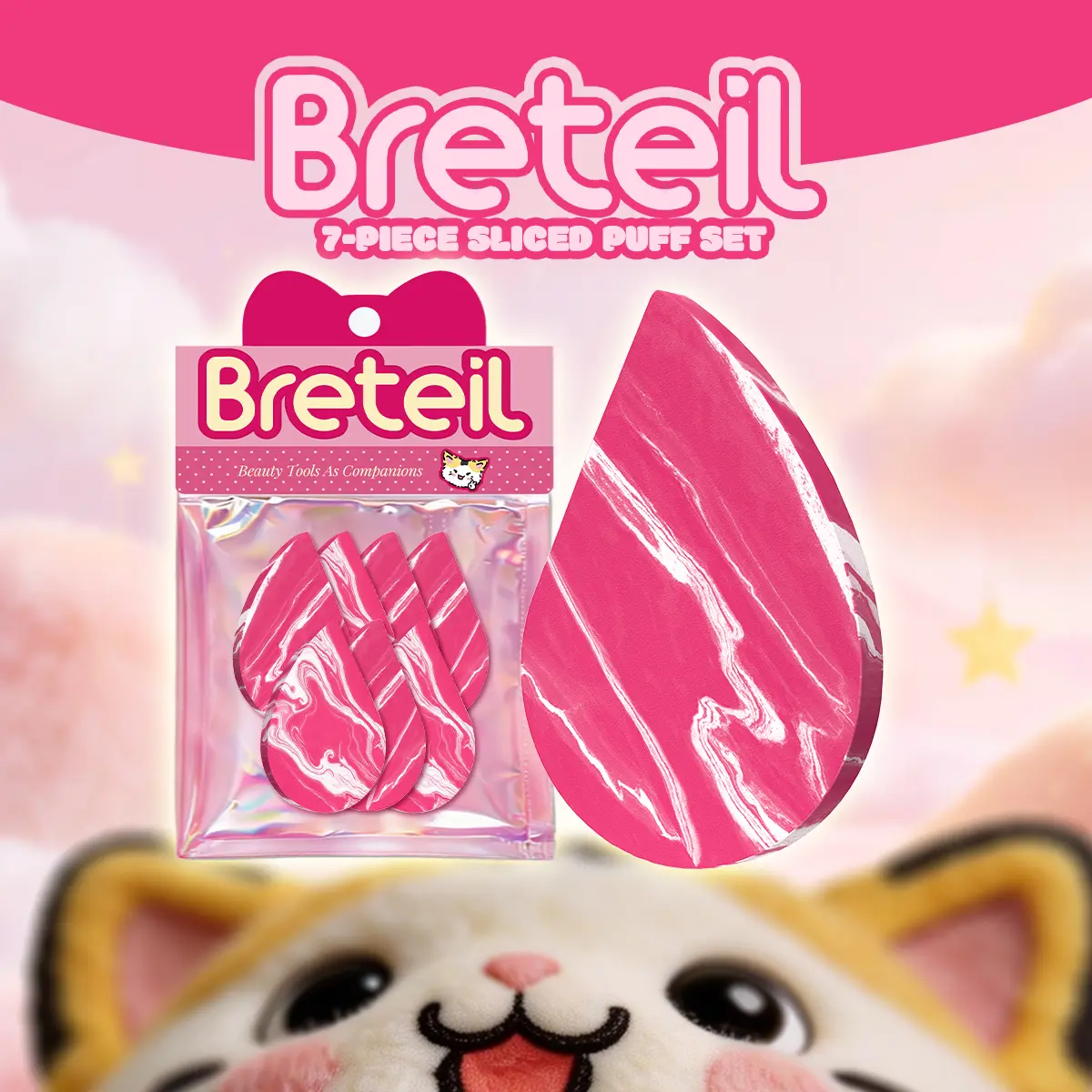 Breteil 7 PCS Sliced Puff Set – Aplikasi Sesuai Area, Tidak Mencampur Warna, Bisa Digunakan Basah & Kering, Praktis untuk Setting & Contouring