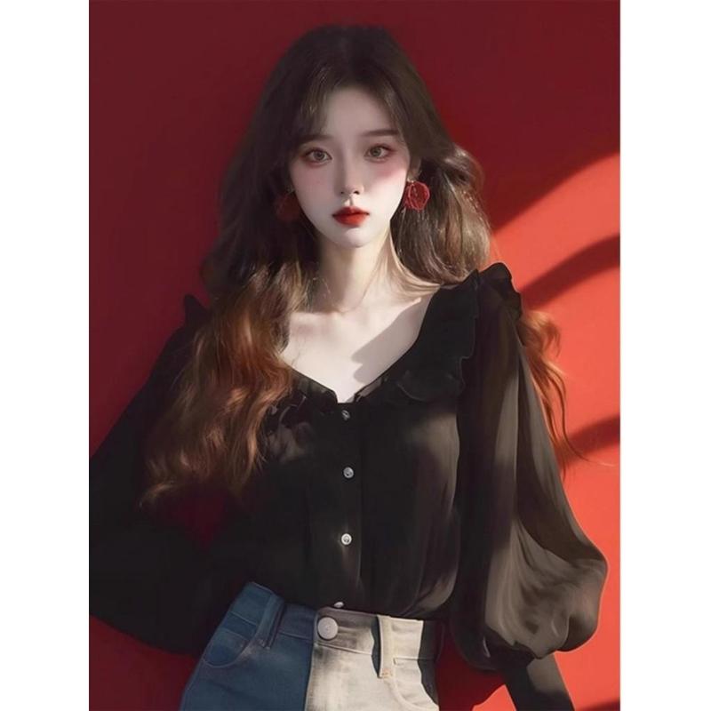 Áo blouse nữ vải chiffon tay dài cổ chữ V – Tay bồng dáng rộng bèo nhún thời trang phong cách công sở thường ngày xuân hè 2025 form oversize