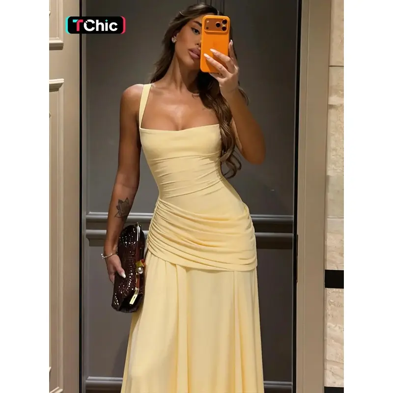 Vestido largo sin mangas de color sólido con lazo en la espalda para mujer, vestido ajustado con tirantes cruzados y cordones en la espalda, diseño minimalista, ideal para fiestas, clubes, citas, eventos formales, vestidos casuales para damas, moda para t - Foto 2