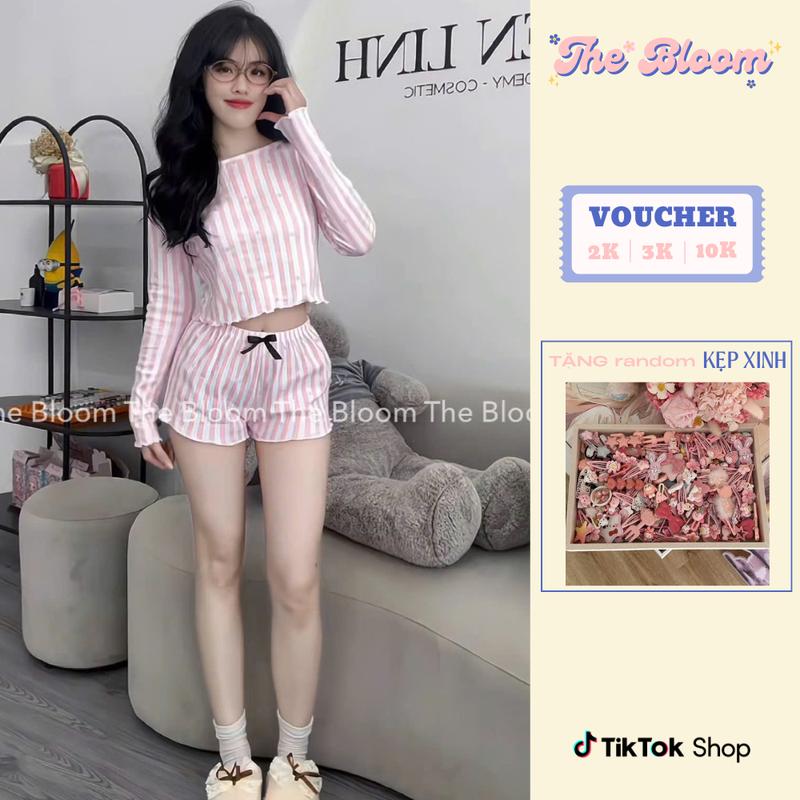 THE BLOOM Set bộ đồ ngủ sọc trắng hồng áo tay dài kèm quần short phối nơ ống xòe, set ngủ tiểu thư chất cotton Loungewear - SE015 Nữ Nhung Women Top Kem Ong