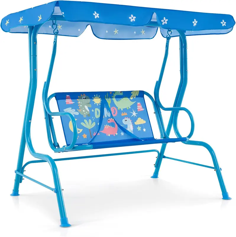 COSTWAY Kids Patio Swing Chair, 2 Seats Garden Swing Bench with Adjustable Canopy and Safety Belts, Porch Swinging Lounger Seater for Outdoor & Indoor 8