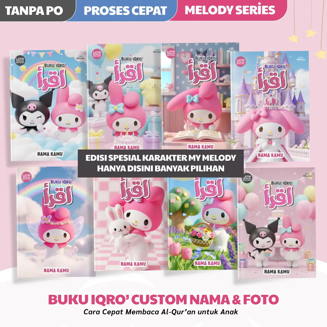 IQRO Anak Custom TERMURAH Hardcover Softcover Full Color Edisi SANRIO - MY MELODY | Banyak Bonus dan Pilihan Desain | Bisa ganti Nama dan Foto Anak | Kado Hadiah untuk Anak | Iqro Jilid 1 - 6 Lengkap