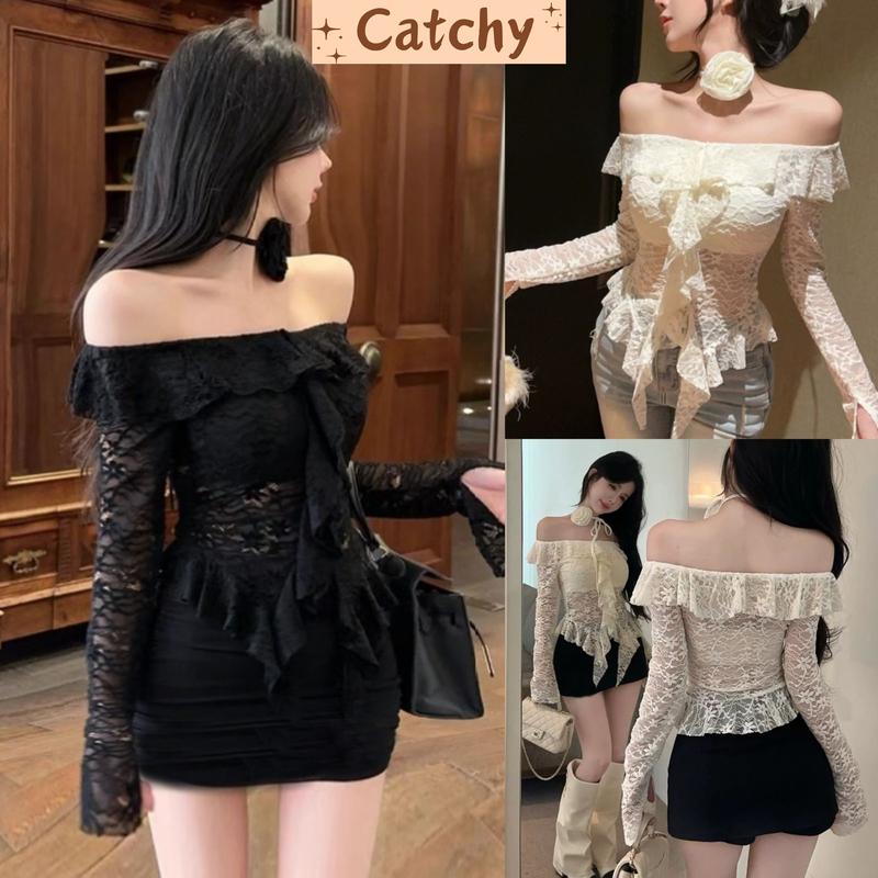 Set Váy Nữ Sang Chảnh Áo Trễ Vai Ren Ôm Body Xẻ Tua Rua Có Kèm Hoa Cổ 2 Màu Trắng Đen Hot Trend Quyến Rũ Đi Tiệc Đi Sự Kiện CATCHYstore set xinh