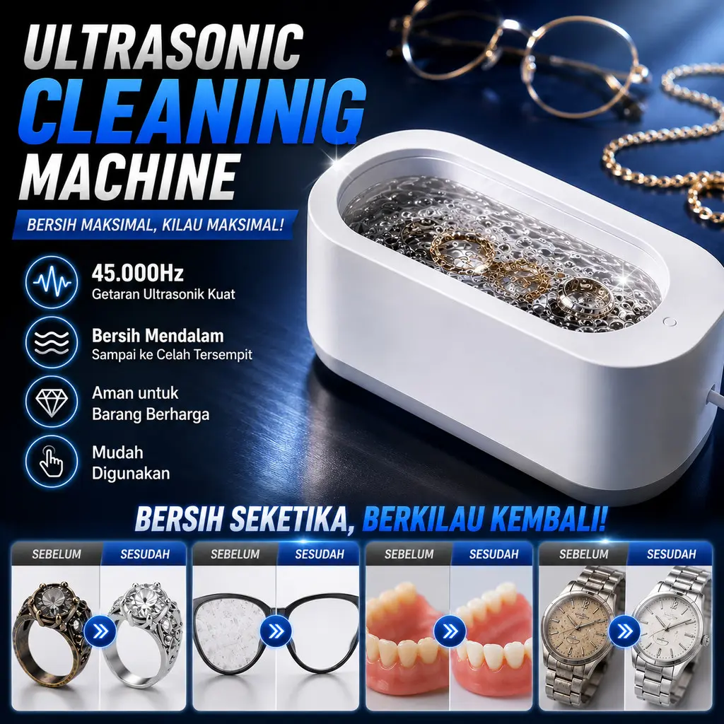 Ultrasonic Cleaning Machine Pembersih Perhiasan Kacamata Gelombang 45000 Hz High Frequency Vibration Wash Eyeglass Necklace Jewelry Dentures Cleaner