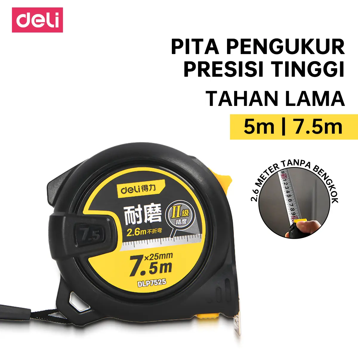 Deli Meteran Gulung 5m & 7.5m 25mm Pita Ukur Presisi Tinggi ABS + Rubber Grip Tahan Lama untuk Tukang Bangunan & Teknik Sipil