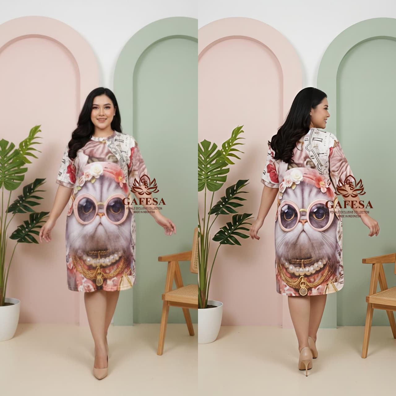 Gafesa - Dress Wanita Santai Motif Lucu Polyster Stretch Premium Terbaru / Dress Wanita Dewasa Motif Casual FIT XXL