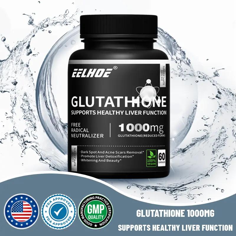 Suplemen Glutathione 1000mg, 60 Kapsul Vegetarian, 5 Kali Efektif Memutihkan, Anti Penuaan, Menghilangkan Bintik, Perlindungan Hati, Detoksifikasi, Non-Transgenik 0