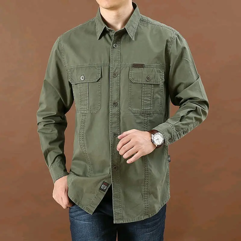 kemeja lapangan lengan panjang / kemeja Casual bahan baby canvas ukuran normal sampai jumbo Tangan Kancing Pria Keren Distro Nyaman Kerja Putih Hijau Hitam Formal