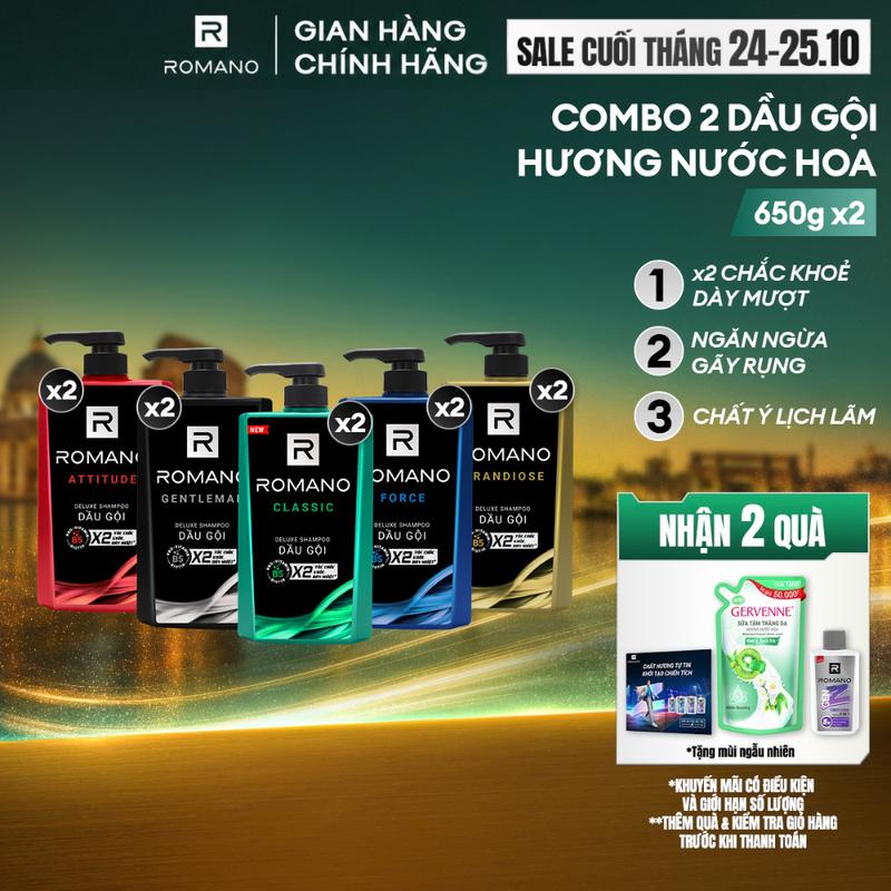 Combo 2 Dầu gội Chăm Sóc Tóc cho nam Romano hương nước hoa Attitude/Gentleman/Force/Classic/Grandiose 650g/chai - 5 Mùi hương có sẵn