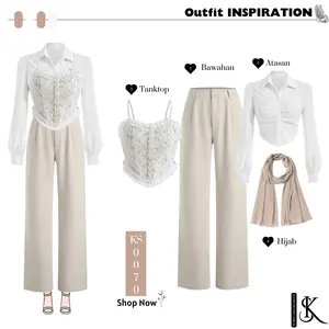 One set wanita kekinian TANKTOP + KEMEJA CROP + CELANA KULOT + PASHMINA Outfit Vintage KS0070