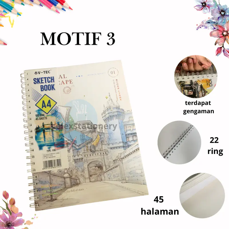 [1 PC] Buku Sketch Book Gambar / Buku Menggambar Sketsa Spiral Aesthethic Ukuran A4 Isi 45 Lembar 100 Gsm Vtec 3