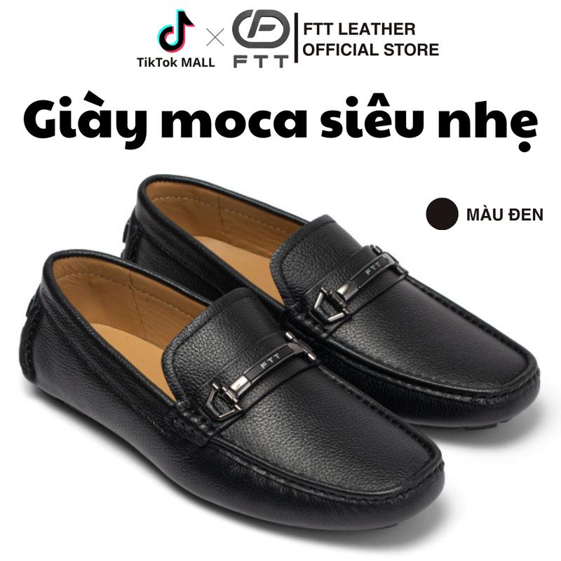 Giày moca nam da bò vân hạt dáng lười họa tiết logo FTT Leather đế chống trơn trượt cao cấp F77640