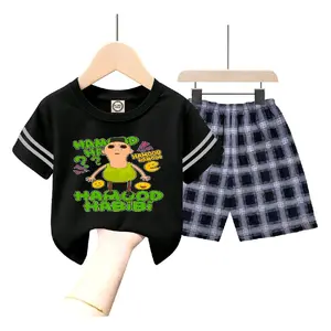 SETELAN ANAK UNISEX LIS LENGAN GAMBAR HAMOOD HABIBI CELANA KOTAK