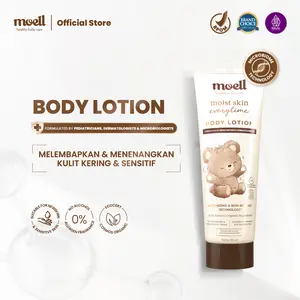 Moell Body Lotion Bayi 185gr - Melembapkan Kulit Badan Anak - Kulit Kering dan Sensitif - Pelembap Bayi Anak Daily Use - Sensitif Kering Ruam - Skincare Bayi Formulasi Dokter dengan Microbiome Teknologi - Skincare Anak