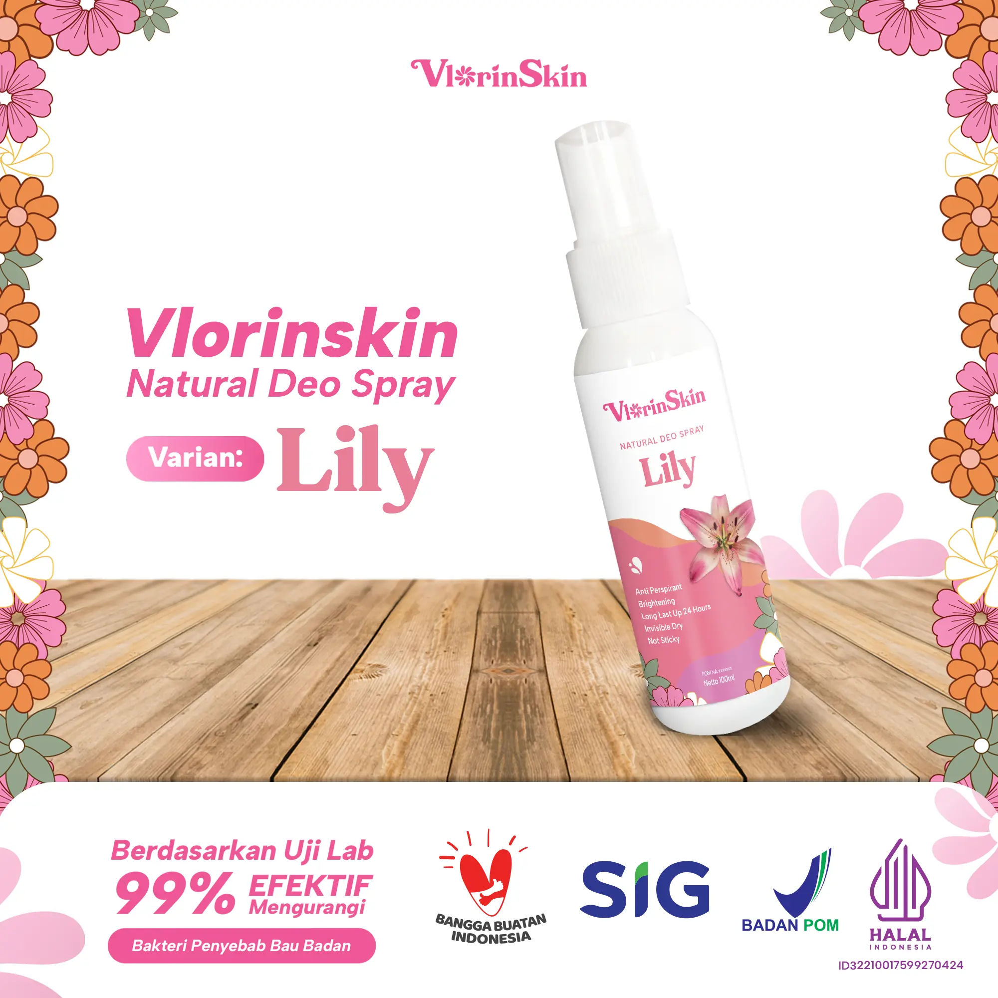 Vlorinskin Deodorant Spray Penghilang Bau Ketiak/Badan, Deo Spray Alami, Deodorant Spray Tawas 100mL