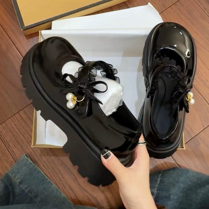 Giày búp bê lolita nữ đế cao 4-5cm quai dán 2 ngọc cheo phối ren