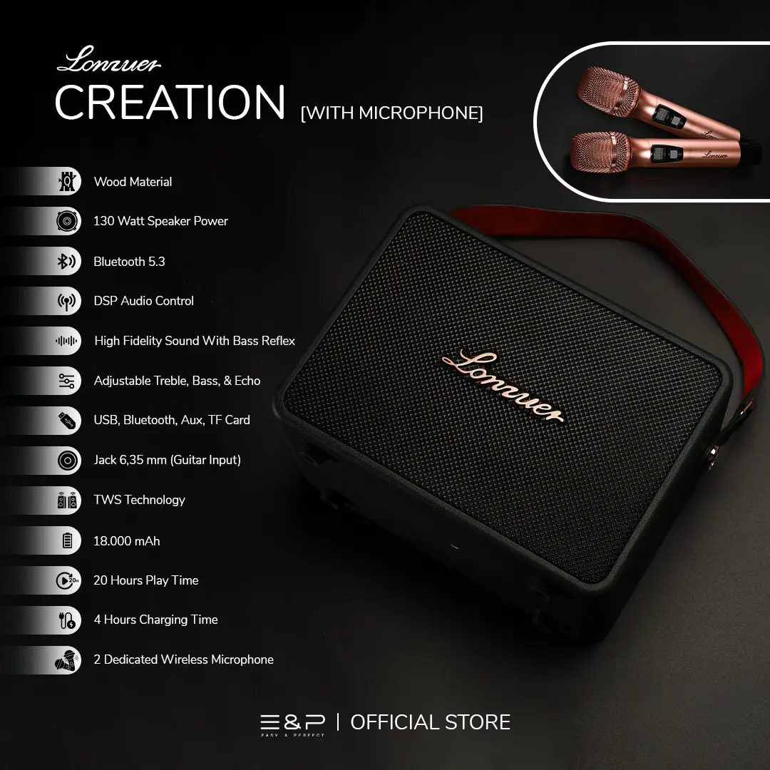 Lonzuer CREATION by Easy & Perfect | Bluetooth Speaker Portable With DSP Audio Control | 130 Watt Output Power With Adjustable Treble And Bass | High Fidelity Sound With Bass Reflex | Comes With a 2 Premium Wireless Microphone