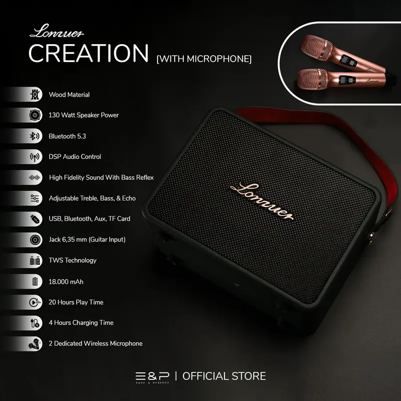 Lonzuer CREATION by Easy & Perfect | Bluetooth Speaker Portable With DSP Audio Control | 130 Watt Output Power With Adjustable Treble And Bass | High Fidelity Sound With Bass Reflex | Comes With a 2 Premium Wireless Microphone 0