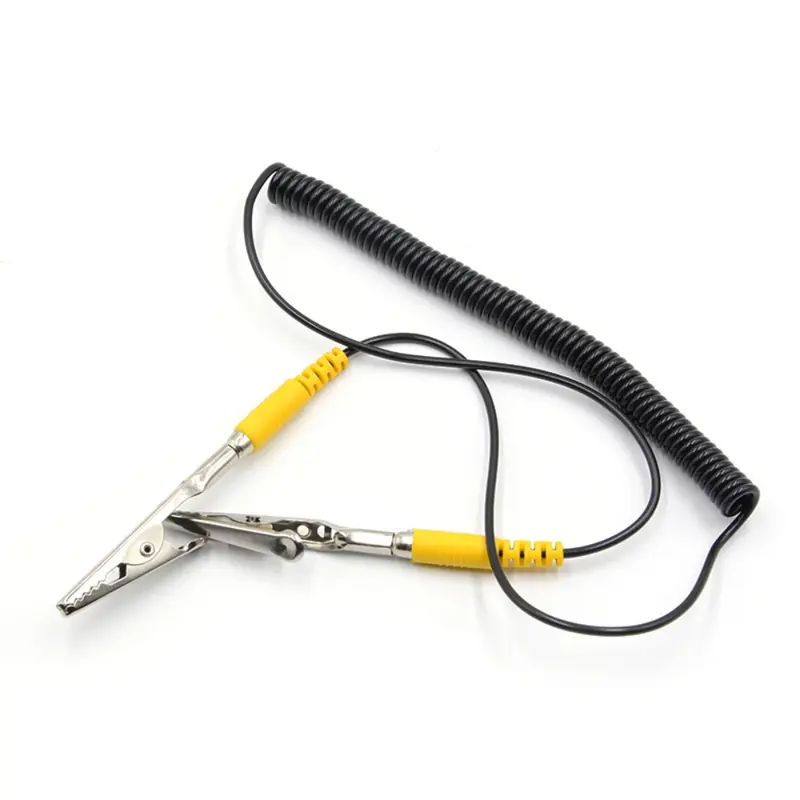 Cáp nối đất chống tĩnh điện PU, Dây Cuộn Dây 2mm 180cm / 71 ", Dây dài, Polyurethane, Màu đen, với kẹp cá sấu đôi, Kiểu móng vuốt 5