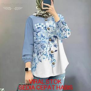 Tren Kemeja Muslimah Corak 3D Bunga Cantik Lengan Panjang Saiz Besar S-5XL Gaya Korea Elegan Pakaian Santai Muslimah 2025 Jubah Premium Emboss Bamboo Batik Block Cotton Viscose Lembut Casual Dress untuk Wedding, Raya, Dinner Material Digital Crip
