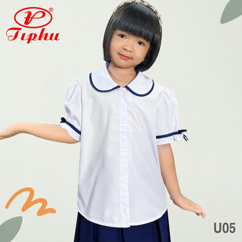 Áo sơ mi trắng cổ lá sen viền cao cấp cho bé gái đến trường, big size đến 70kg