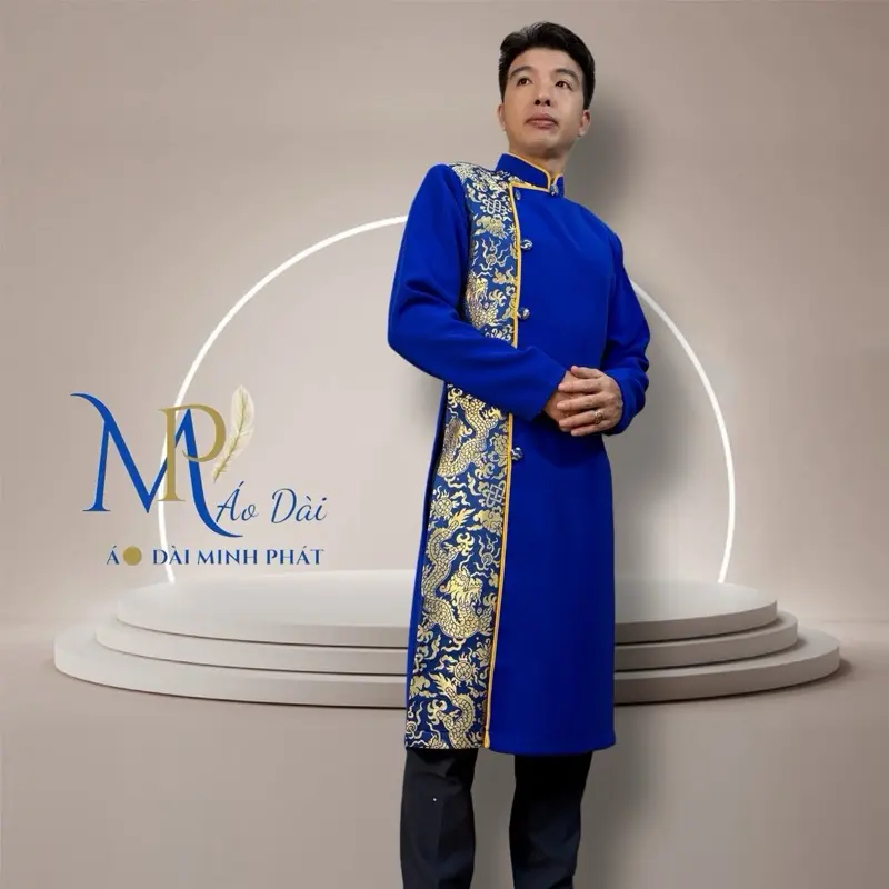 Áo Dài Minh Phát Vải Tuyết Mưa phối Gấm Hoạ Tiết Rồng Vàng  Cách tân cho nam Form Vest sang trọng Với nhiều mầu thích hợp mọi lứa tuổi Menswear 3