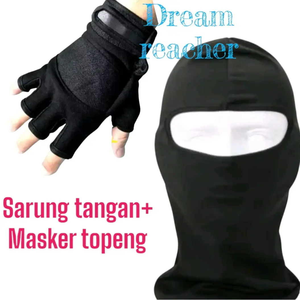 SARUNG TANGAN BUNTUNG HITAM POLOS + MASKER TOPENG