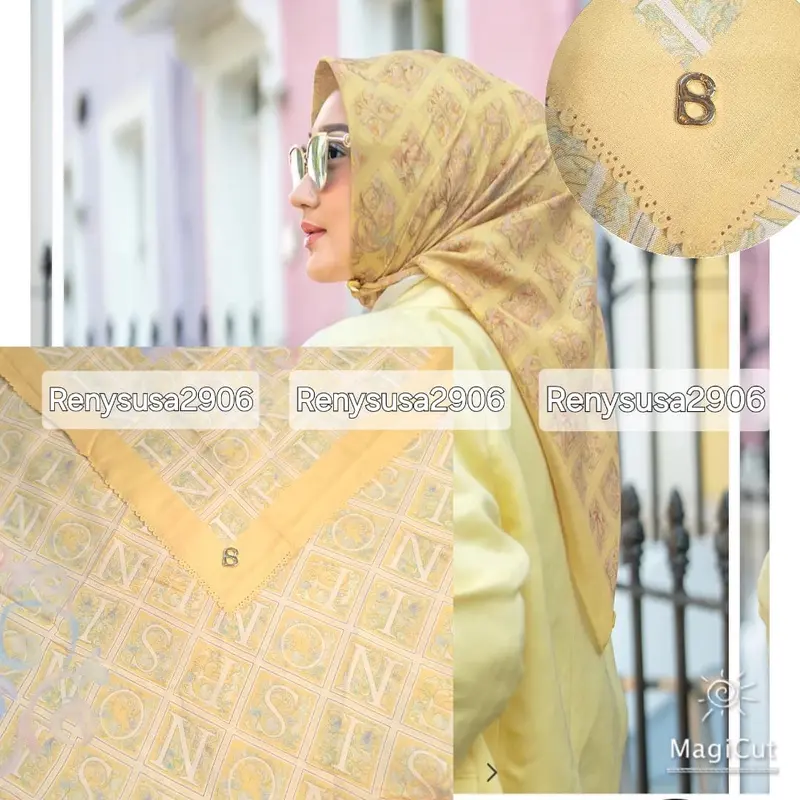 varian pinggiran Lc titik 3 motif Autograph series mirror button scarves with metal logo B kemasan kotak cantik bahan voal premium Kasual Semua musim Square Hijabs 7