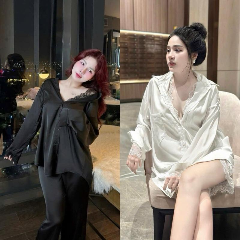 Sét Váy Ngủ Sơ Mi Kèm Quần Chất Lụa Latin Mềm Mịn Freesize 40-60kg