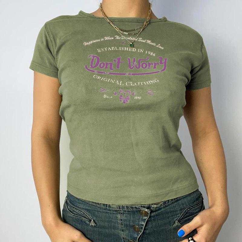 Retro Letter Print Y2K Tops Short Sleeves Harajuku Green Women's Tshi…
