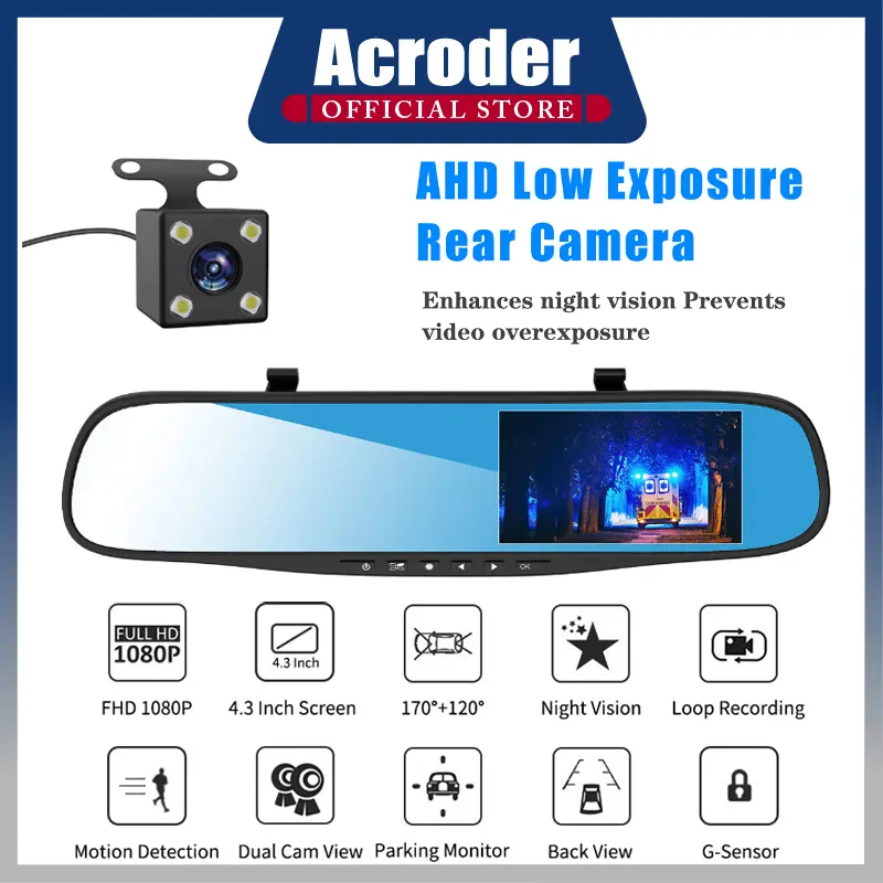 Acroder Dashcam Mobil Spion 4.3 Inci HD 1080P Depan Belakang Ganda Lensa Loop Recording