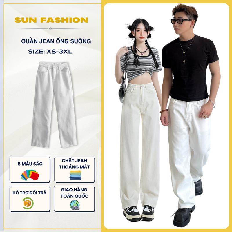 Combo 2 quần jean ống suông nam nữ, trắng, nâu T9 SUN thiết kế basic dễ phối đồ, phong cách hàn quốc
