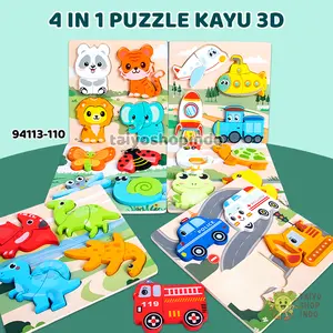 TAIYO 4IN1 Puzzle Kayu 3D Shapes Wood Jigsaw Hewan Dino Transport Montessori Edukasi Mainan Anak
