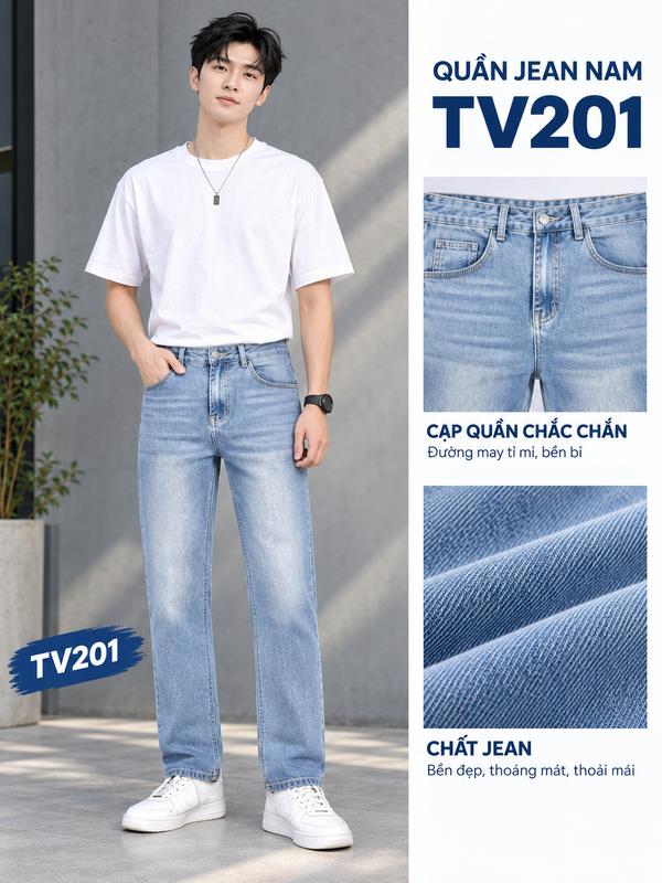 Quần Jean Ống Suông Nam TV201 Xanh Nhạt Chất Liệu Cotton Denim Cao Cấp Form Chuẩn Dễ Phối Đồ Size 28-34 Phù Hợp 45-80KG