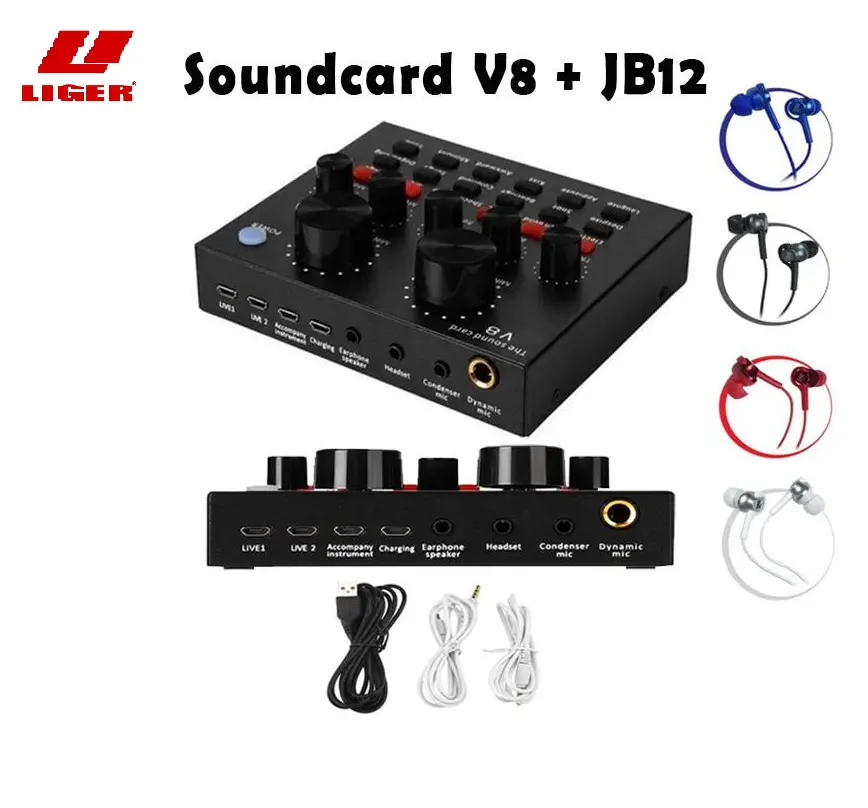 Soundcard V8 Plus Earphone JB12 Handsfree untuk Laptop dan Handphone Audio