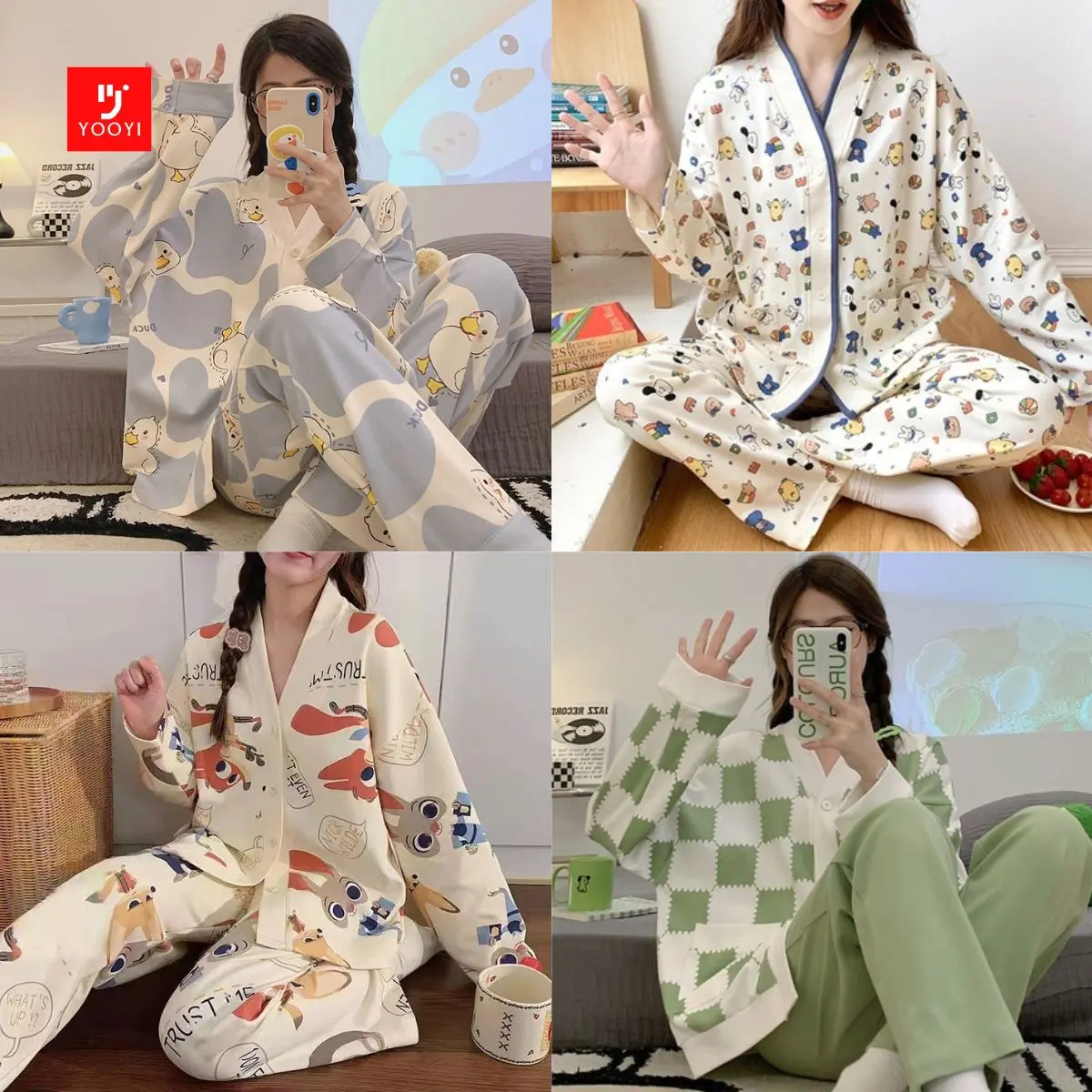 Yooyi Baju Tidur Wanita Piyama Dewasa Setelan Cewek Set Kemeja Lengan Panjang Celana Panjang Style Korea Jumbo Kancing Depan Set 2in1 Premium Banyak Motif Karakter Animasi Lucu Size L dan Fit To XXL 015
