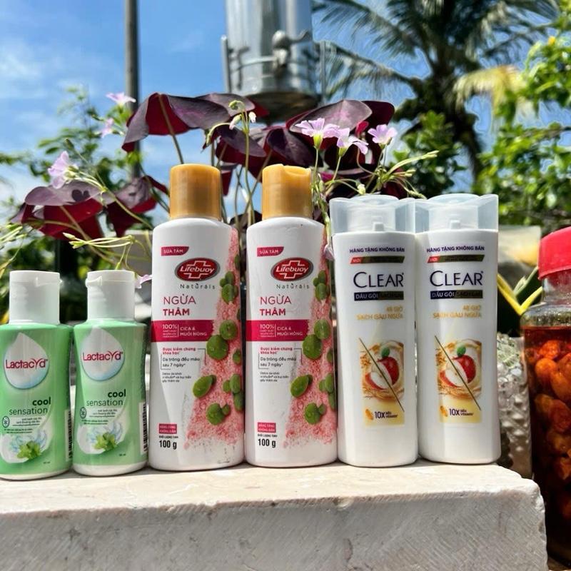 Combo 6 món gồm 2 chai sữa tắm lifebuoy muối hồng ngừa thâm 100g/ chai + 2 chai dung dịch vệ sinh Lactacryd hương bạc hà 60g/ chai + 2 chai dầu gội clear hương táo 70g