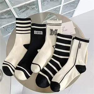 Missoofficial.id KK1111 Kaos Kaki Panjang Motif Garis Hitam Putih Kaus Kaki Olahraga Atas Mata Kaki Unisex Kekinian