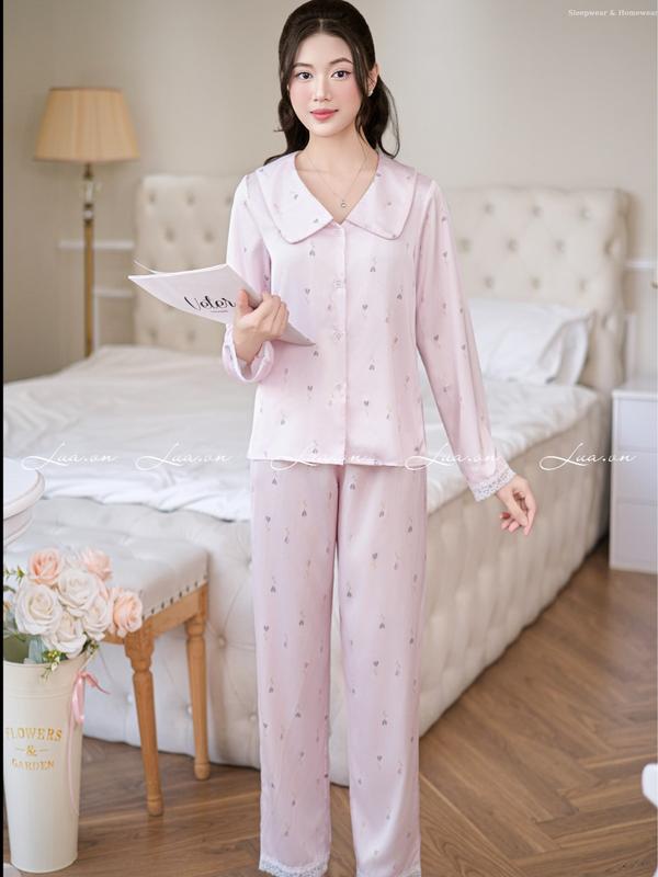  Bộ Pijama mặc nhà quần Dài áo Dài nữ Họa Tiết lụa tơ tằm cao cấp DTB Tím 