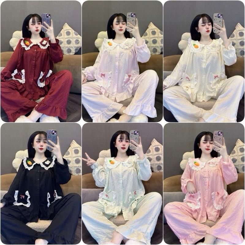 Đồ bộ tiểu thư cổ bèo viền ren, vải lụa đũi mềm (40-60kg)